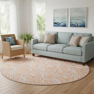 HomeRoots 8' Peach and Ivory Geometric Round Rug - Washable, UV Protected, Perfect for Busy Homes & Kids 645837