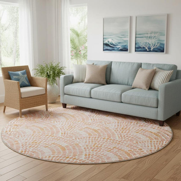HomeRoots 8' Peach and Ivory Geometric Round Rug - Washable, UV Protected, Perfect for Busy Homes & Kids 645837