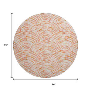 HomeRoots 8' Peach and Ivory Geometric Round Rug - Washable, UV Protected, Perfect for Busy Homes & Kids 645837