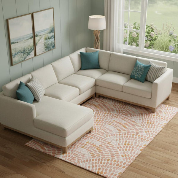 HomeRoots 8' X 10' Peach & Ivory Geometric Washable Area Rug – Durable, Stain-Resistant with UV Protection! 645838