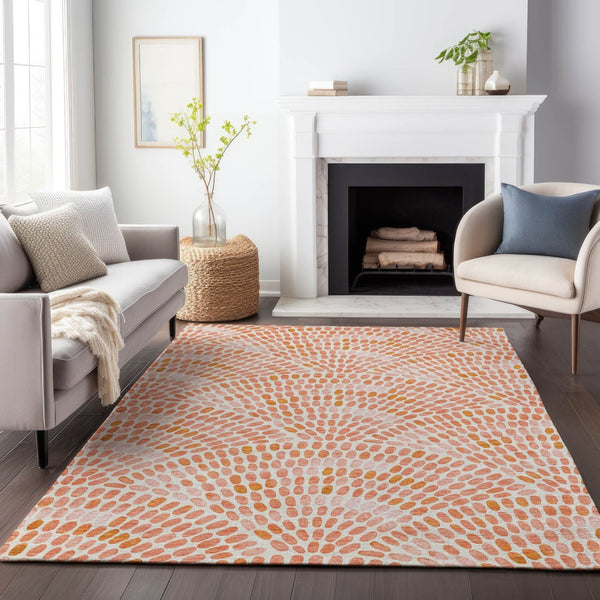 HomeRoots 8' X 10' Peach & Ivory Geometric Washable Area Rug – Durable, Stain-Resistant with UV Protection! 645838