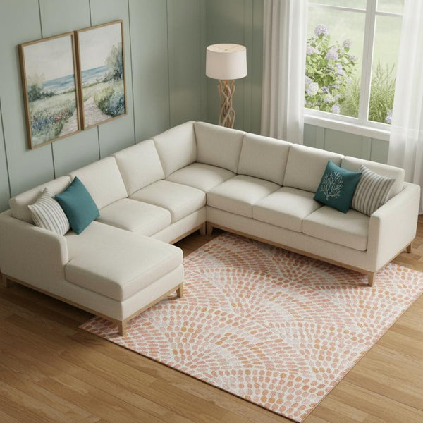 HomeRoots 9' X 12' Peach and Ivory Geometric Area Rug – Stylish, Washable, UV-Protected, Pet-Friendly Design 645839