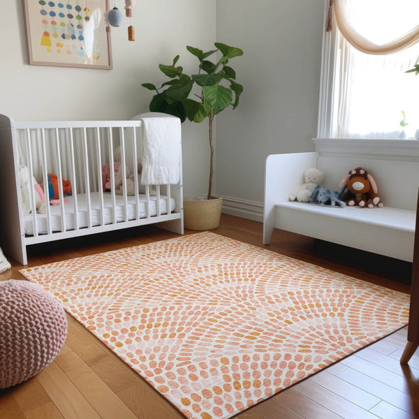 HomeRoots 9' X 12' Peach and Ivory Geometric Area Rug – Stylish, Washable, UV-Protected, Pet-Friendly Design 645839