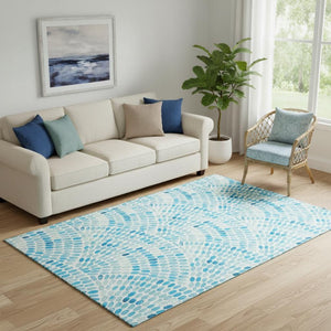 HomeRoots 5' X 8' Aqua & Ivory Geometric Area Rug - Stylish, Washable, UV-Protected for Active Homes! 645842