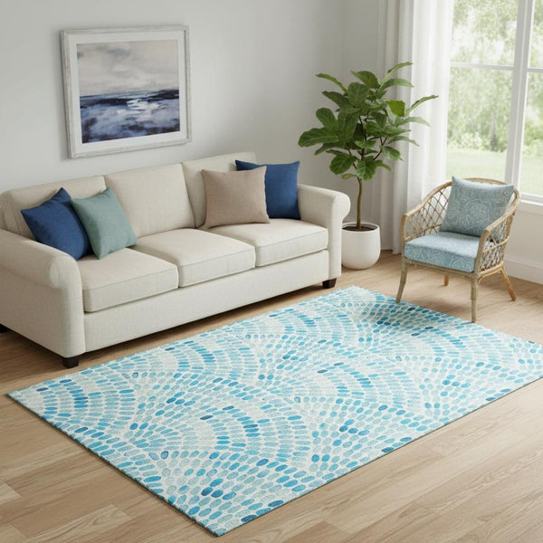 HomeRoots 5' X 8' Aqua & Ivory Geometric Area Rug - Stylish, Washable, UV-Protected for Active Homes! 645842