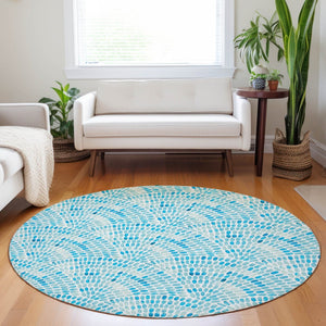 HomeRoots 8' Aqua and Ivory Geometric Round Rug - Washable, UV Protected, Stain Resistant for Busy Homes 645843