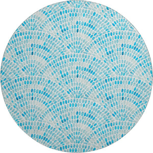 HomeRoots 8' Aqua and Ivory Geometric Round Rug - Washable, UV Protected, Stain Resistant for Busy Homes 645843