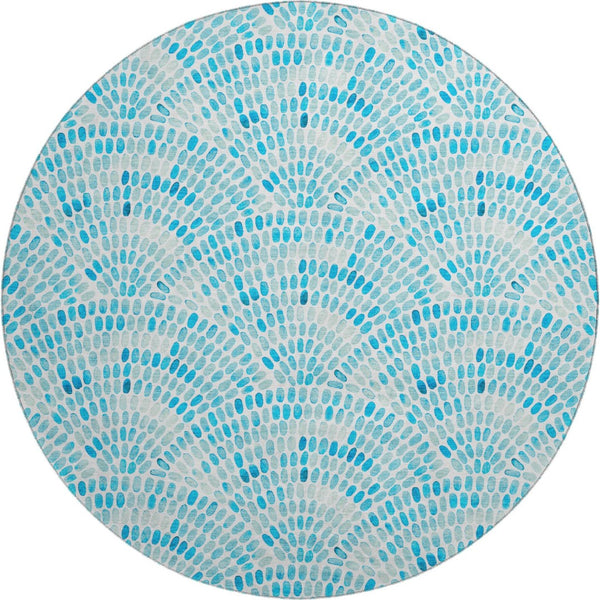 HomeRoots 8' Aqua and Ivory Geometric Round Rug - Washable, UV Protected, Stain Resistant for Busy Homes 645843