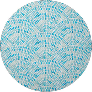 HomeRoots 8' Aqua and Ivory Geometric Round Rug - Washable, UV Protected, Stain Resistant for Busy Homes 645843