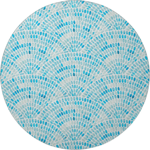 HomeRoots 8' Aqua and Ivory Geometric Round Rug - Washable, UV Protected, Stain Resistant for Busy Homes 645843