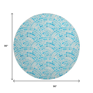 HomeRoots 8' Aqua and Ivory Geometric Round Rug - Washable, UV Protected, Stain Resistant for Busy Homes 645843
