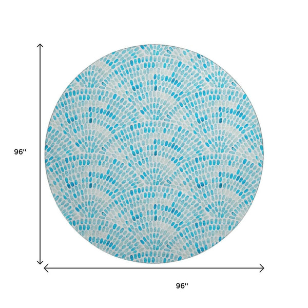 HomeRoots 8' Aqua and Ivory Geometric Round Rug - Washable, UV Protected, Stain Resistant for Busy Homes 645843
