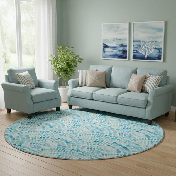 HomeRoots 8' Aqua and Ivory Geometric Round Rug - Washable, UV Protected, Stain Resistant for Busy Homes 645843