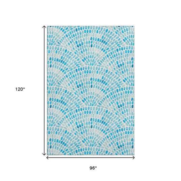 HomeRoots 8' X 10' Aqua & Ivory Geometric Area Rug - Washable, UV Protected, Stain Resistant for Busy Homes 645844