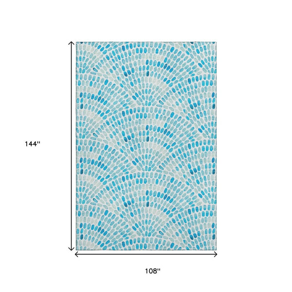 HomeRoots 9' X 12' Aqua Geometric Area Rug - Washable, UV Protected & Stain Resistant for High-Traffic Spaces 645845