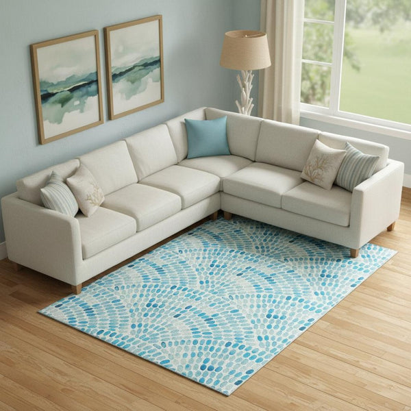 HomeRoots 9' X 12' Aqua Geometric Area Rug - Washable, UV Protected & Stain Resistant for High-Traffic Spaces 645845