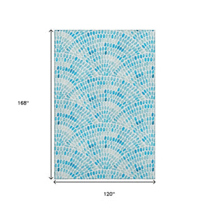 HomeRoots 10' Aqua & Ivory Geometric Area Rug - Machine Washable, UV Protected, Stain Resistant for Easy Care 645846