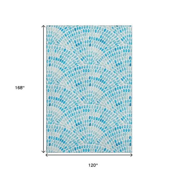 HomeRoots 10' Aqua & Ivory Geometric Area Rug - Machine Washable, UV Protected, Stain Resistant for Easy Care 645846