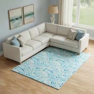 HomeRoots 10' Aqua & Ivory Geometric Area Rug - Machine Washable, UV Protected, Stain Resistant for Easy Care 645846