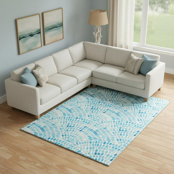 HomeRoots 10' Aqua & Ivory Geometric Area Rug - Machine Washable, UV Protected, Stain Resistant for Easy Care 645846