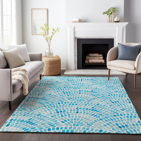 HomeRoots 10' Aqua & Ivory Geometric Area Rug - Machine Washable, UV Protected, Stain Resistant for Easy Care 645846