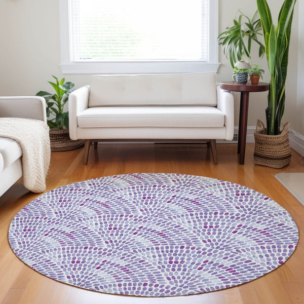 HomeRoots 8' Stylish Purple and Ivory Geometric Round Rug - Washable, UV-Protected, Ideal for Busy Homes 645849