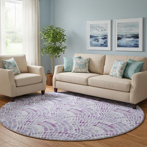 HomeRoots 8' Stylish Purple and Ivory Geometric Round Rug - Washable, UV-Protected, Ideal for Busy Homes 645849