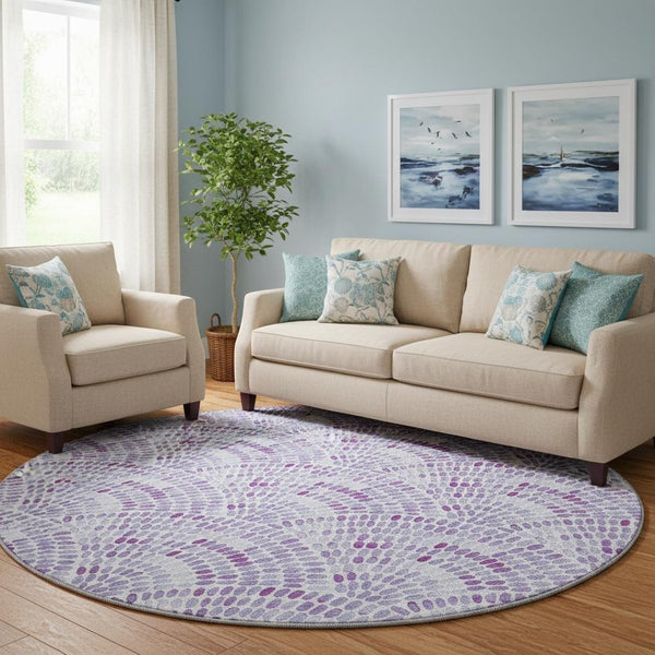 HomeRoots 8' Stylish Purple and Ivory Geometric Round Rug - Washable, UV-Protected, Ideal for Busy Homes 645849