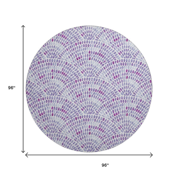 HomeRoots 8' Stylish Purple and Ivory Geometric Round Rug - Washable, UV-Protected, Ideal for Busy Homes 645849