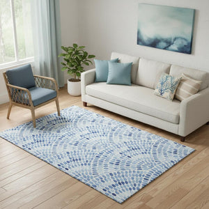 HomeRoots 5' X 8' Blue and Ivory Geometric Area Rug - Washable, UV Protected, Perfect for Busy Households! 645854