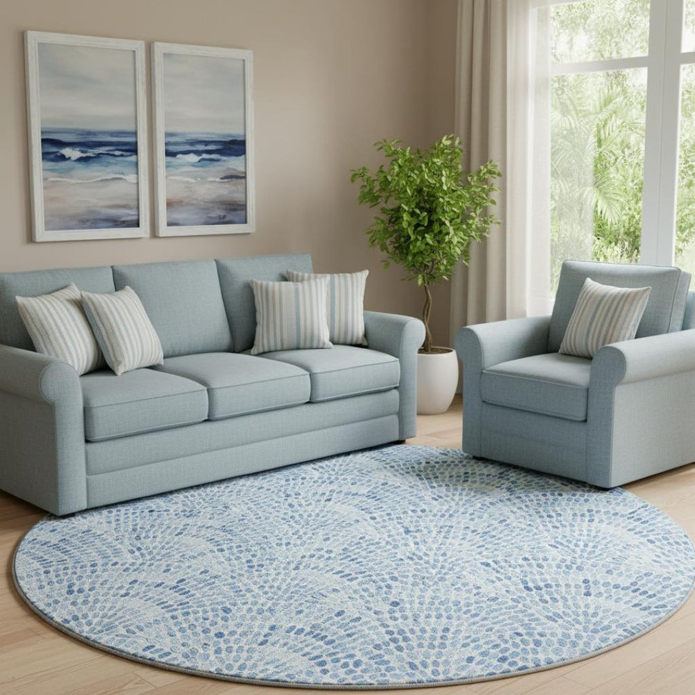 HomeRoots 8' Blue and Ivory Geometric Round Rug - Washable, UV-Protected, Ideal for Coastal-Inspired Spaces 645855