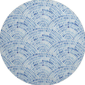 HomeRoots 8' Blue and Ivory Geometric Round Rug - Washable, UV-Protected, Ideal for Coastal-Inspired Spaces 645855