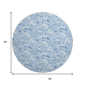 HomeRoots 8' Blue and Ivory Geometric Round Rug - Washable, UV-Protected, Ideal for Coastal-Inspired Spaces 645855