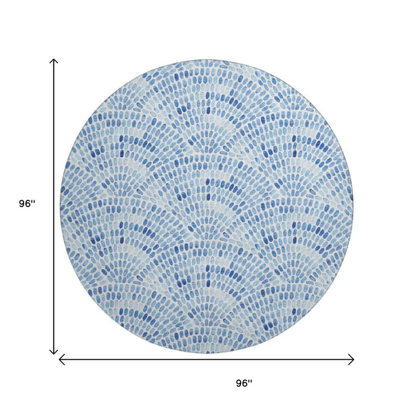 HomeRoots 8' Blue and Ivory Geometric Round Rug - Washable, UV-Protected, Ideal for Coastal-Inspired Spaces 645855