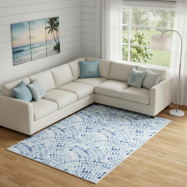 HomeRoots 8' X 10' Stylish Blue & Ivory Geometric Area Rug – Washable, UV Protected, Ideal for Homes with Kids! 645856