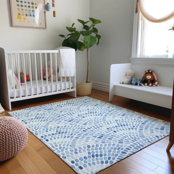 HomeRoots 8' X 10' Stylish Blue & Ivory Geometric Area Rug – Washable, UV Protected, Ideal for Homes with Kids! 645856