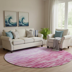 HomeRoots 8' Vibrant Pink, Purple & Ivory Geometric Round Rug - Washable, Stain Resistant & UV Protected! 645867