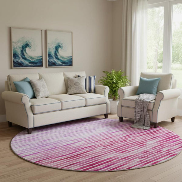 HomeRoots 8' Vibrant Pink, Purple & Ivory Geometric Round Rug - Washable, Stain Resistant & UV Protected! 645867