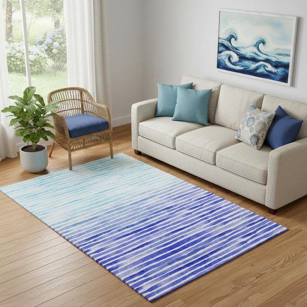 HomeRoots 5' Blue and Ivory Geometric Area Rug - Washable, UV-Protected, Stylish for High-Traffic Spaces! 645878