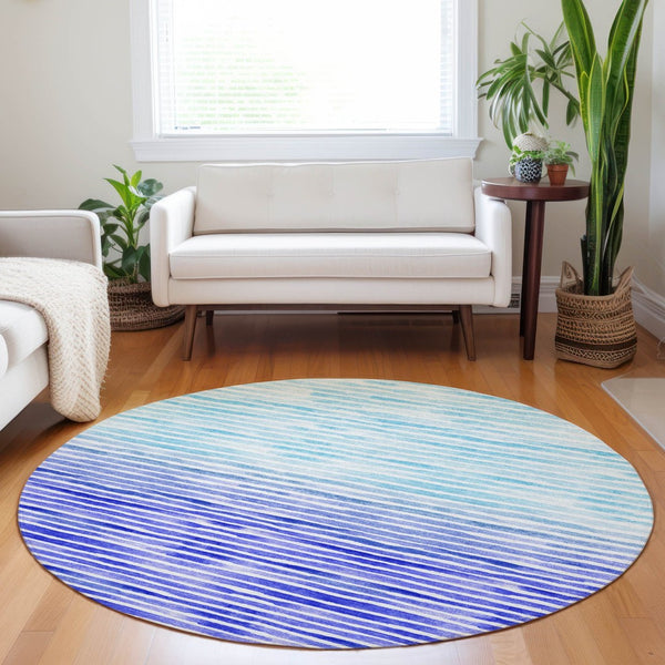 HomeRoots 8' Blue And Ivory Geometric Round Rug – Washable, Stain-Resistant, UV-Protected for Modern Spaces 645879
