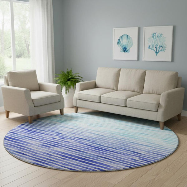 HomeRoots 8' Blue And Ivory Geometric Round Rug – Washable, Stain-Resistant, UV-Protected for Modern Spaces 645879