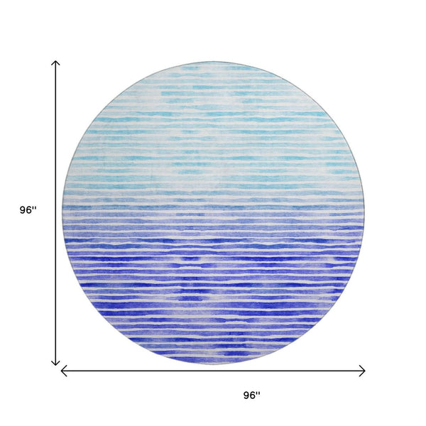 HomeRoots 8' Blue And Ivory Geometric Round Rug – Washable, Stain-Resistant, UV-Protected for Modern Spaces 645879