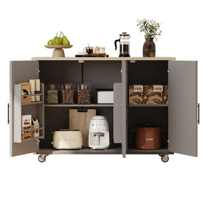 English Elm K&K Farmhouse Kitchen Island with Geometric Twill Doors, ASH Bark Top, Drop Leaf & Lockable Wheels Brown N707P221444Z