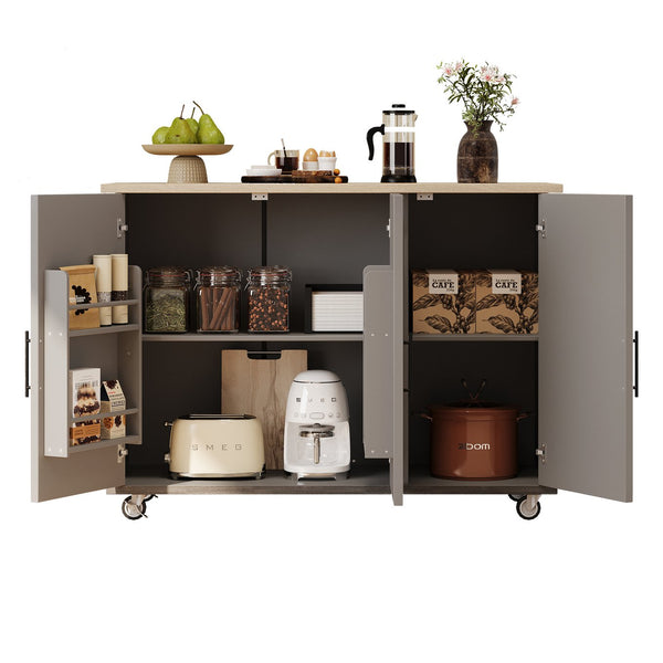 English Elm K&K Farmhouse Kitchen Island with Geometric Twill Doors, ASH Bark Top, Drop Leaf & Lockable Wheels Brown N707P221444Z