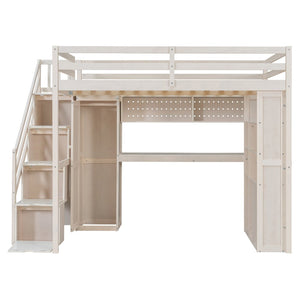 English Elm Full Loft Bed with Integrated Wardrobe Desk Shelving and Led Lighting for Teen Rooms Beige LT000927AAA