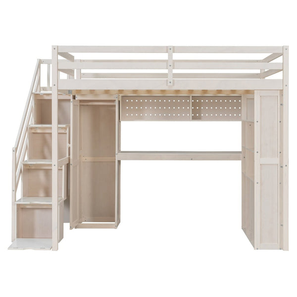 English Elm Full Loft Bed with Integrated Wardrobe Desk Shelving and Led Lighting for Teen Rooms Beige LT000927AAA