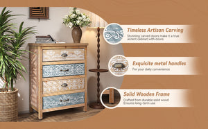 English Elm Vintage Bohemian Four Drawer Chest Distressed Solid Wood Floral Scroll Bedroom Storage W2295P414113