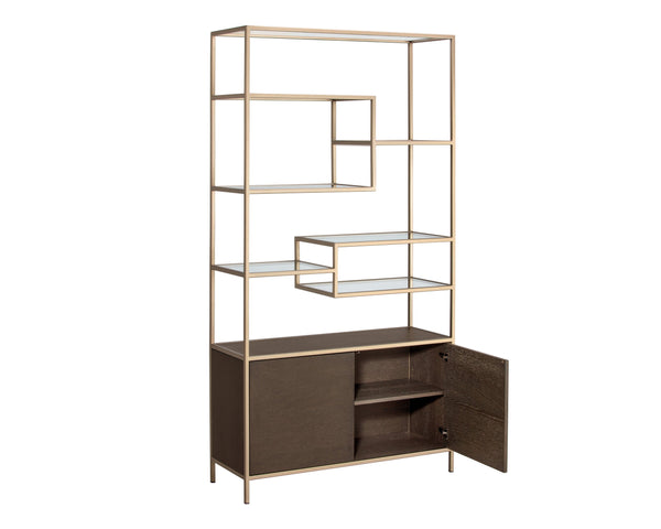 Sunpan Stamos Modern Bookcase with Oak Wood Base, Glass Shelves, and Iron Frame for Stylish Storage Solutions Gold / Raw Umber