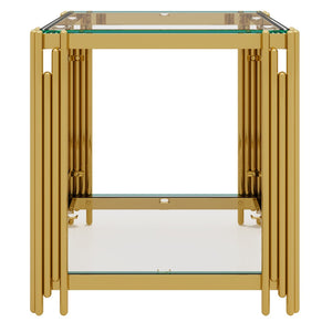 English Elm Modern Glam Rectangular Coffee Table with Mirrored Top Gold Sculptural Frame Open Shelf Transparent N735P380101K