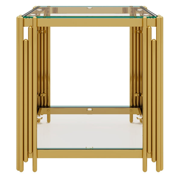 English Elm Modern Glam Rectangular Coffee Table with Mirrored Top Gold Sculptural Frame Open Shelf Transparent N735P380101K